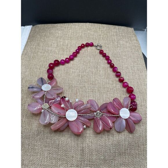 Vintage J. Crew Pinks Flower Necklace Pearls Beaded - Picture 7 of 8